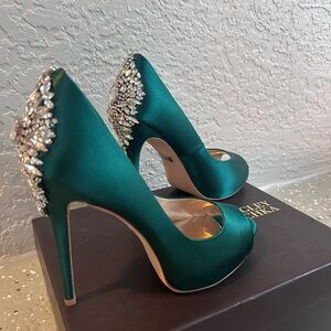 Badgley Mischka Teal Satin Jeweled Peep-Toe Pumps